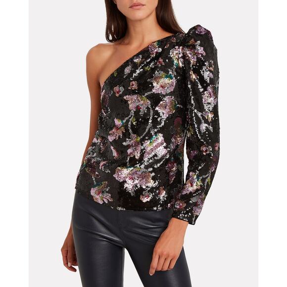 SELF PORTRAIT Sequin Top Women's 10 One Shoulder Midnight Bloom Disco Velvet - Picture 1 of 13